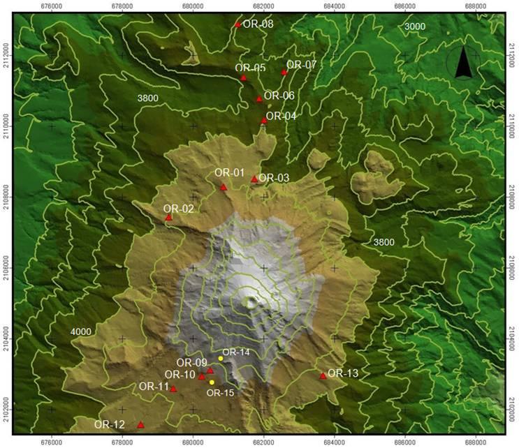 Los sitios arqueológico del Pico de Orizaba registrados ( Montero. 2009).