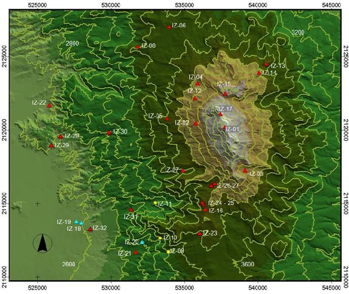Distribución de los sitios arqueológicos de la Iztaccíhuatl (Montero, 2009)